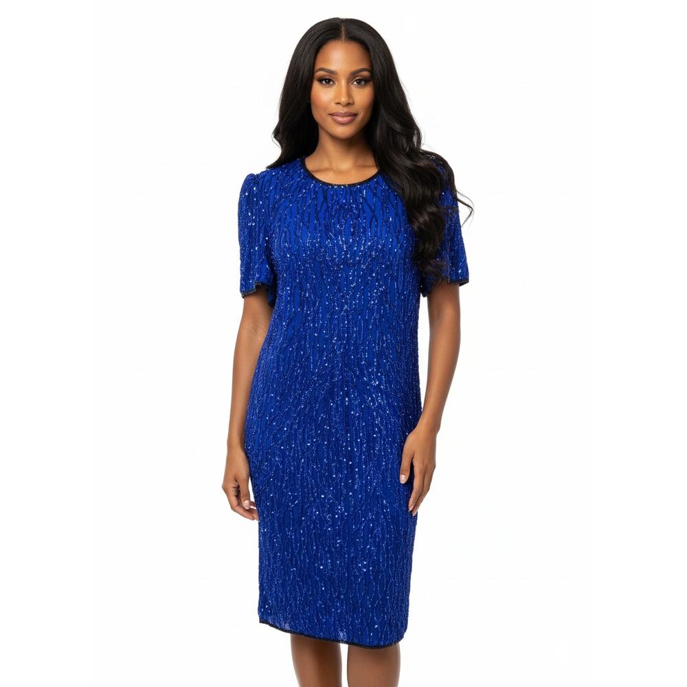 Vintage Amor Royal Blue Sequin & Beaded Silk Cocktail Dress